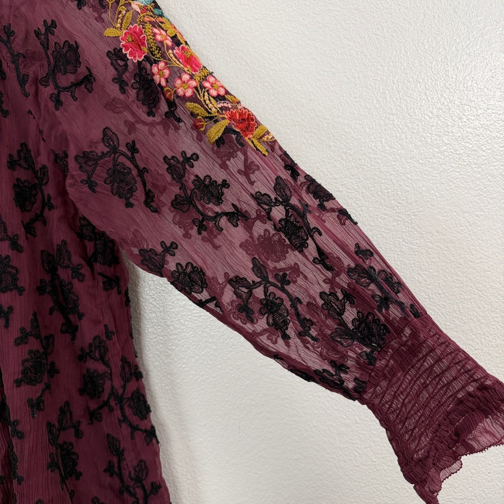 Sundance Top Womens Small Burgundy Floral Embroidered Tassel Tie Long Sleeve - Picture 6 of 13
